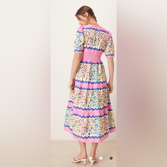 Hope & Ivy v-neck puff sleeve midi smock dress in multi - Picture 4 of 8